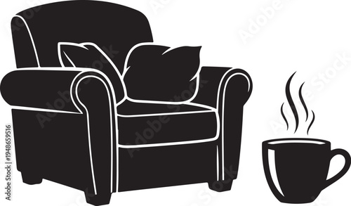 Cozy armchair with pillow and steaming hot coffee cup