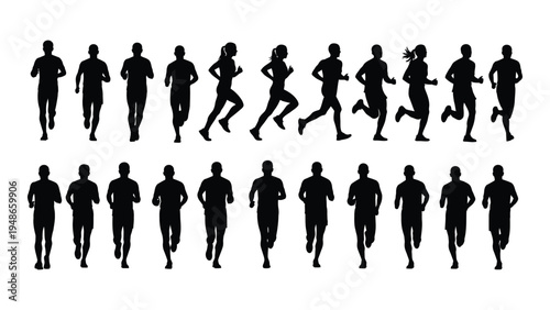 Collection of black silhouettes of people running and walking in different poses and directions on a white background for fitness and sports illustrations