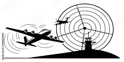 a small plane flying near a radar tower Vector