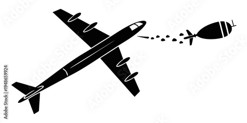 a black and white illustration of a plane dropping a bomb Vector