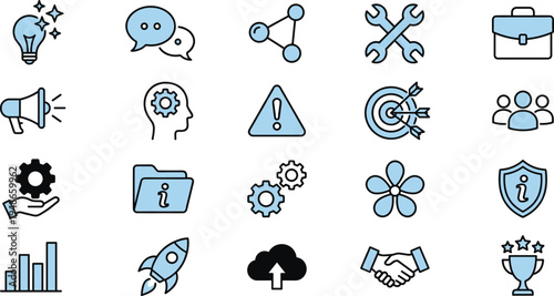 Business management and communication icon set featuring teamwork analytics rocket handshake cloud upload target and strategy symbols