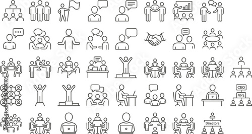 Business meeting teamwork and leadership line icon set featuring conference discussion collaboration presentation and corporate management symbols