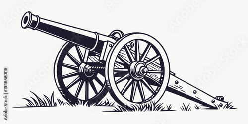 a black and white drawing of a cannon on wheels Vector