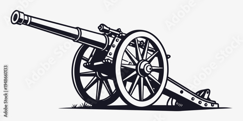 a black and white drawing of a cannon on wheels Vector