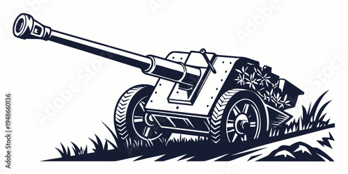 a large military gun sitting on a grassy hill Vector
