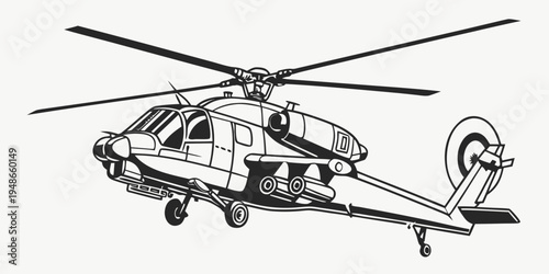 a black and white drawing of a military helicopter Vector