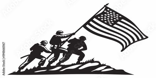 Soldiers raising american flag on mountain Vector