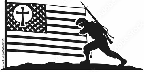 soldier holding a rifle in front of american flag with cross Vector