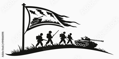soldiers marching with a tank and a flag Vector