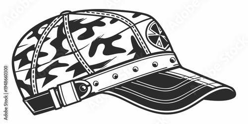 a black and white baseball cap with a unique pattern Vector