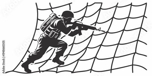 a soldier crawling through a net Vector