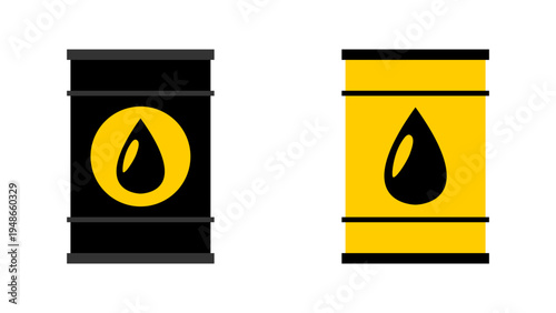 Crude Oil Barrel Drum Petroleum Gasoline Fuel Fossil Energy Black and Yellow Symbol Sign Icon Set. Vector Image.