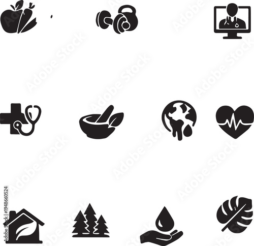 Holistic health and nature vector icons set - Ayurvedic medicine, environment, and wellness symbols.