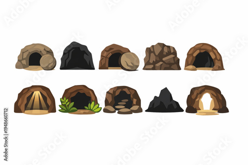 Stone Tomb Cave Icon Set – Rolled Stone, Shadowed Entrance, and Light Rays Flat Design