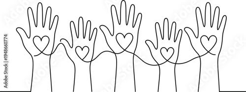 Continuous line drawing of raised hands with hearts symbolizing love unity support friendship teamwork community and charity concept illustration
