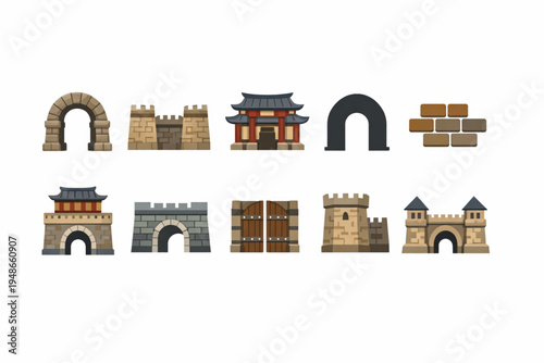Stone Arch Gate Icon Set – Ancient City Walls, Temple Gates, and Historic Entrances Flat Design