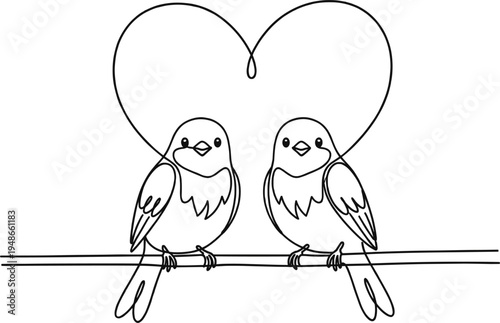 Cute lovebirds sitting on branch forming heart shape line art illustration symbolizing romance affection relationship and Valentine theme