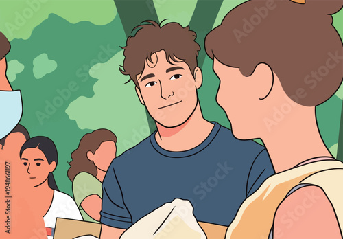 Young people talk and spend time together in a park during a sunny afternoon with friends nearby