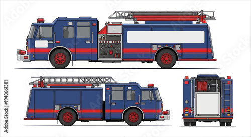 Blue Fire Truck Vehicle - Side, Front and Rear Views