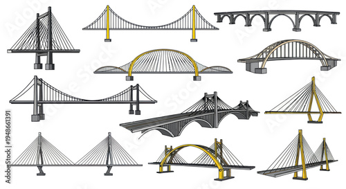 Collection of Diverse Bridge Designs: Suspension, Cable-Stayed, Arch, and Beam Bridges