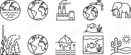 Environmental pollution and climate change line icon set featuring earth factory emissions deforestation wildlife and ecosystem symbols