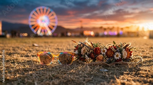 Colorful retro sunglasses and a woven boho flower crown rest on dry grass under vibrant sunset lighting for the Coachella music festival.