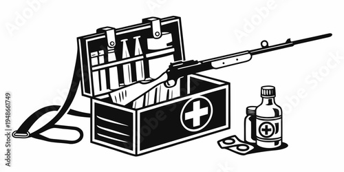 first aid kit with medical supplies and a syringe Vector