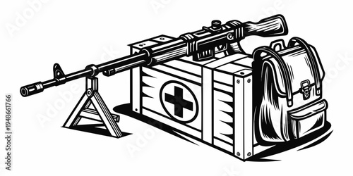 a first aid kit with a rifle on top Vector