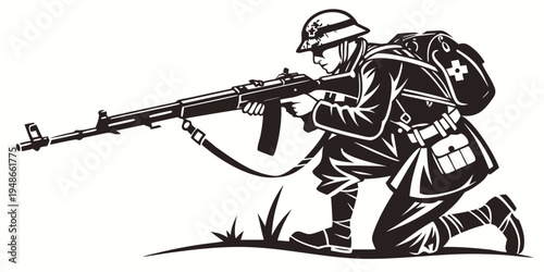 soldier in a crouching position aiming a rifle Vector