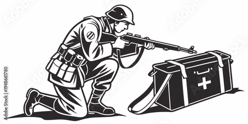 soldier kneeling with a rifle and a first aid kit Vector
