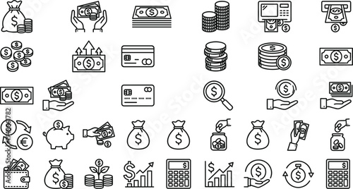 Finance money and banking line icon set featuring cash coins payment investment savings profit and business transaction symbols