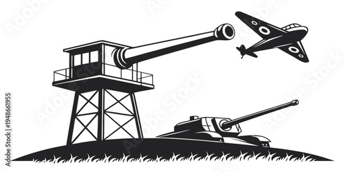 military anti-aircraft defense system with a gun and a fighter jet Vector