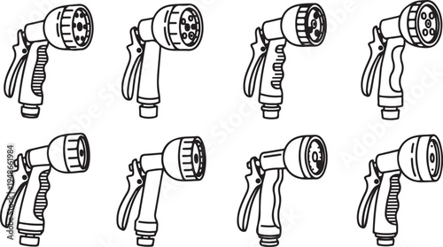 Illustrations of various garden hose nozzles with different spray patterns Vector