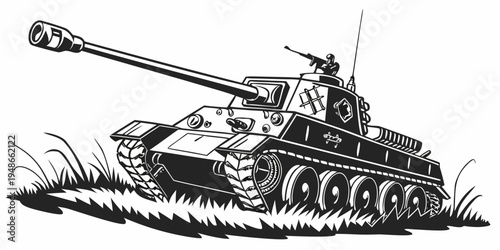 a black and white drawing of a tank on grass Vector