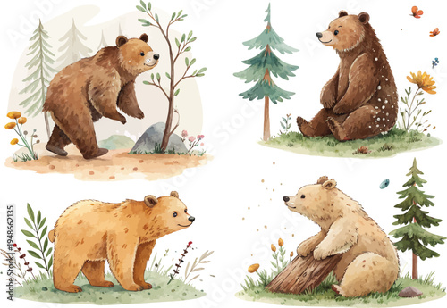 set of Watercolor Bear Illustration, Forest Wildlife Clipart, vector isolated on white background