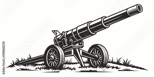 a large cannon sitting on a grassy field Vector