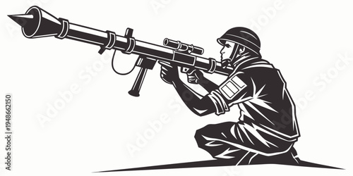 a soldier is kneeling and aiming a rocket launcher Vector