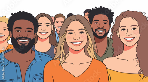 Group of diverse people smiling and posing together in a simple setting during daytime