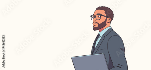 Businessman holds a laptop while looking to the side in a professional setting during daytime