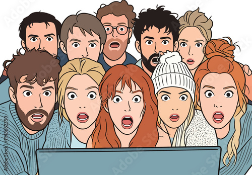 Group of friends shocked while watching something on a laptop in a casual setting