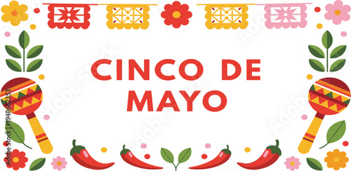 Cinco de Mayo Celebration Banner with Traditional Decorations, Maracas, and Chili Peppers