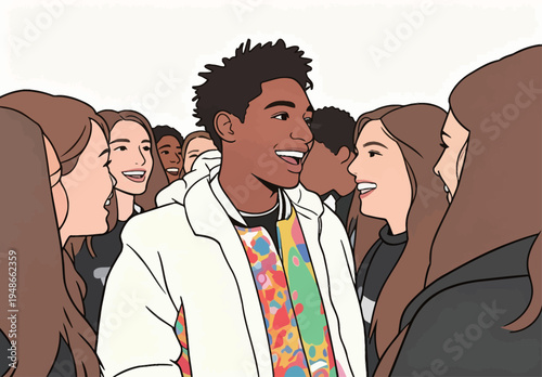 Group of young people talking and smiling in a social event setting during daytime