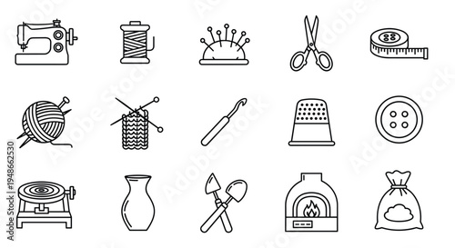 Set of craft and hobby icons featuring sewing knitting and pottery tools