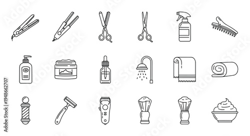 Hair salon and barber shop equipment outline icons set