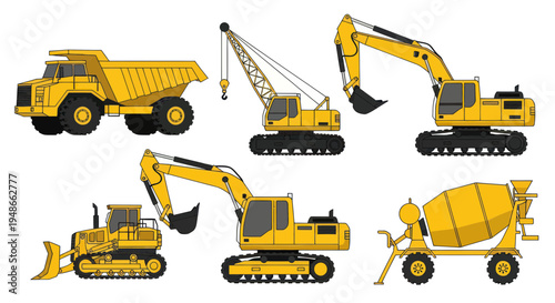 Yellow Construction Vehicles Set: Dump Truck, Excavator, Crane, Bulldozer, Cement Mixer