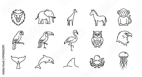 Set of wild animal and marine life icons in minimalist outline style