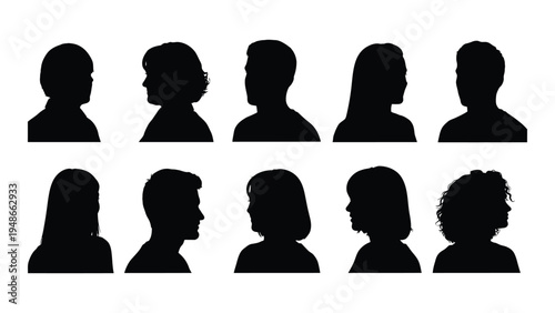 A collection of ten black silhouettes of people's heads and shoulders on a white background, representing profiles of individuals in two horizontal rows