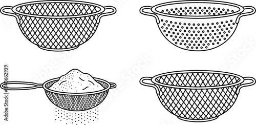Kitchen colander and strainer utensil icon set showing metal sieve bowls for washing draining and sifting food ingredients