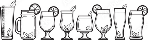 Assorted glassware with lemon slices and mint leaves for beverages Vector