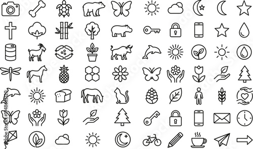 Nature lifestyle and object line icon set featuring animals plants sun moon butterfly camera and everyday symbols
